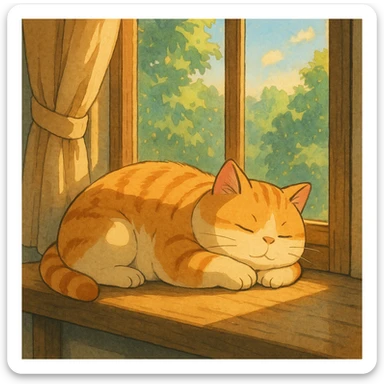 a chubby cat sleeping on a windowsill with sunlight streaming in, cozy and peaceful, ghibli style sticker