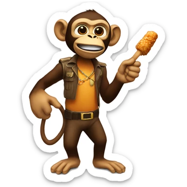 Front facing Monkey pointing blaster forwards in left hand and holding a fried chicken drum stick in right hand  sticker