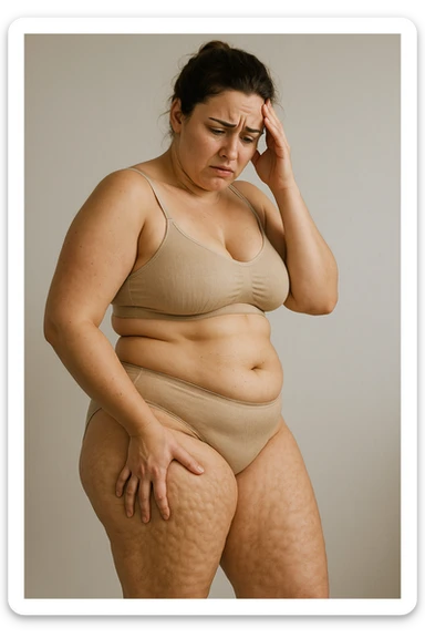 Donna con tanti inestetismi infelice sul corpo sempre riferite alla cellulite sticker