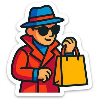 mystery shopper character holding a shopping bag, wearing sunglasses and a hat, vibrant toon style sticker