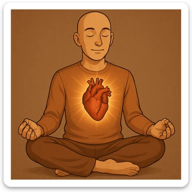 Person is meditating and his heart is glowing and shining, general style, with a real organ heart form sticker