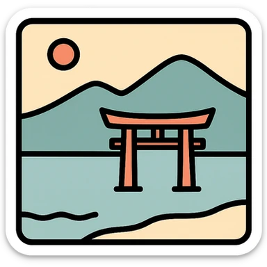 minimalist Japanese landscape icon, tranquil lake with distant torii gate, gentle colors, lots of negative space sticker
