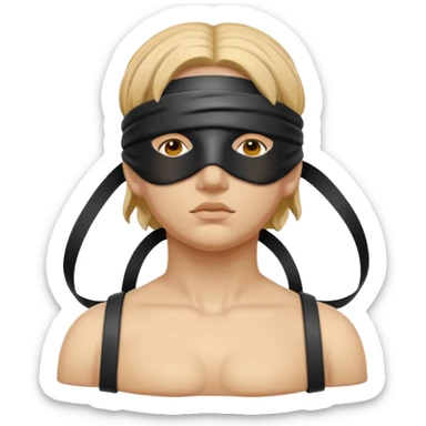 Statue-like figure blindfolded with leather straps, devotion and submission sticker