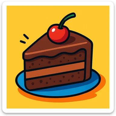 a slice of chocolate cake with a cherry on top, vibrant cartoon style sticker