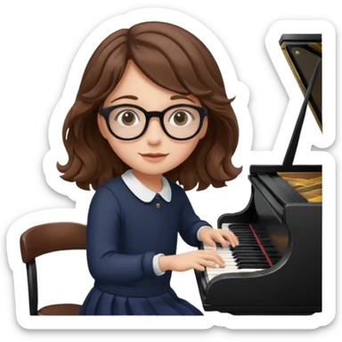 girl brown hair wavy. round glasses eye. playing piano sticker