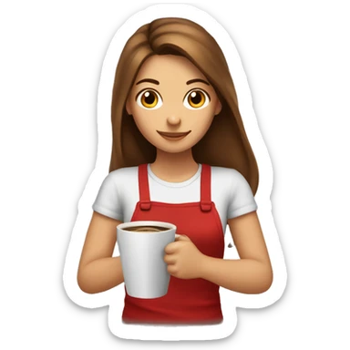 barista girl in a red t-shirt with long brown hair, with a cup of coffee in a hand sticker