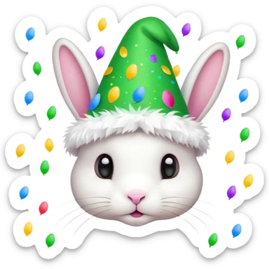 Rabbit in Green Party Hat – white bunny with cone party hat and confetti. sticker