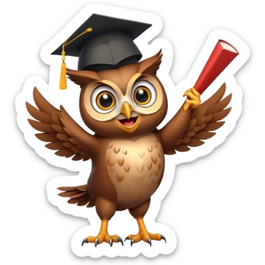 Owl smiling and dancing with graduation hat and diploma in claws sticker
