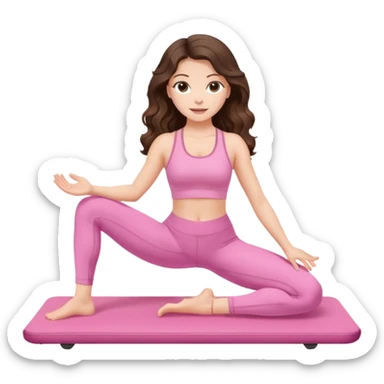 White, brown -eyed, brunette cute feminine lady emoji with wavy long hair doing pilates wearing pink pilates fit sticker