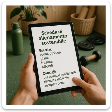 Add Italian text on the tablet with the following content: 'Scheda di allenamento sostenibile', 'Esercizi: squat, push up, plank, trazioni, affondi', 'Consigli: usa borraccia riutilizzabile, rispetta l’ambiente, recupera bene'. Style should be hyperrealistic, 4K, eco-friendly gym. sticker