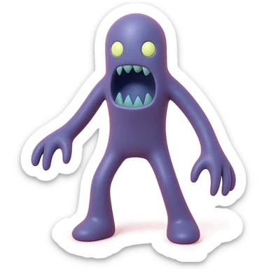 terrifying monster with elongated limbs, gaping mouth with sharp fangs, glowing eyes, shadowy body, toy-like vinyl figure sticker