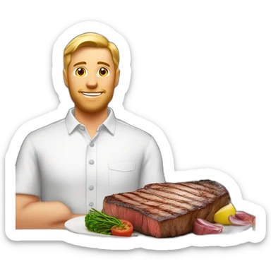 white man infront of tbone steak sticker