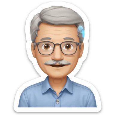 Generate a portrait of a slightly older man with glasses. His hair is quite thin, gray, but wavy. He has brown eyes, a mustache, and is smiling. sticker