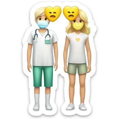 Two blonde children, sick, each in their own bed, wearing surgical masks, one Boy, one girl, at home, get well soon sign with yellow heart sticker