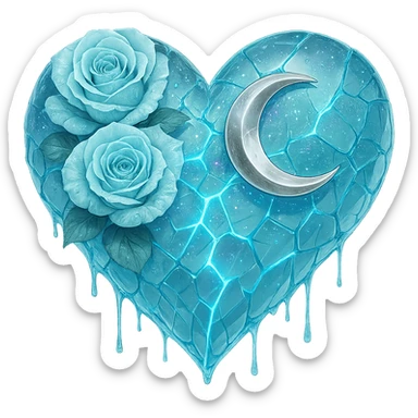 Edit the gothic heart to feature splintered light blue glass, a silver crescent moon, light blue roses, holographic stardust, neon lightning, and a wet look. Keep the background transparent. sticker