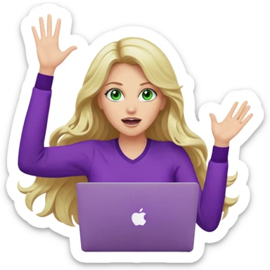 lady with long wavy blonde hair, purple top, green eyes, throwing her with a purple mac laptop hands in the air screaming sticker
