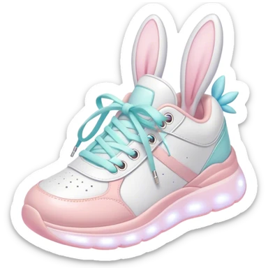 Cute Kawaii Shoe, small and bouncy, soft pastel sneakers with glowing highlights, cute sparkling eyes, a happy cheerful expression, laces tied like bunny ears! sticker