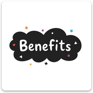The word "Benefits" hand-drawn in white text with a dark background and just a few colorful accents. Simple doodle style with minimal decoration. sticker
