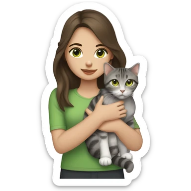 Brunette girl with green eyes holds a British cat in her arms, gray tabby with brown eyes sticker