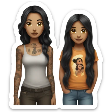 Girl with long black hair and tattoos and daughter with long brown hair sticker