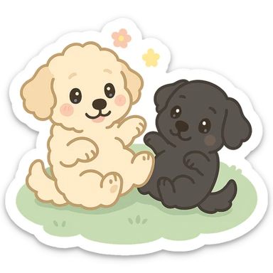 large light cream colored goldendoodle and small black golden retriever, chibi style, rolling on the grass together sticker