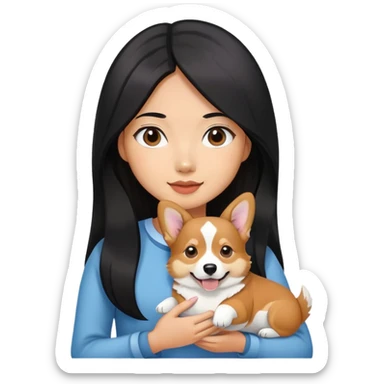 Asian girl with long black hair holding her corgi dark brown and white color sticker
