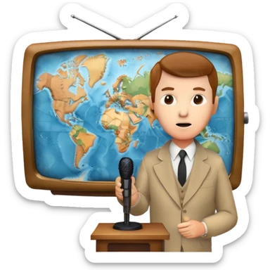 Icon for Documentary Film (TV style): A large vintage TV screen with a serious-looking host standing in front of a map. The host holds a microphone, and the map displays historical or geographical information. Retro TV broadcast style. Transparent background. sticker