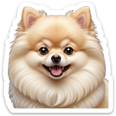 Cinematic Comical Cream Pomeranian Portrait Emoji, Head tilted dramatically with an exaggeratedly shocked or amused expression, featuring a glossy, fluffy cream Fur with a radiant sheen, wide, expressive dark eyes filled with playful disbelief, Simplified yet hilariously expressive features, highly detailed, glowing with a slightly sassy glow, high shine, dramatic yet playful, stylized with an air of cheeky mischief, bright and endearing, soft glowing outline, capturing the essence of a spirited and over-the-top companion, so meme-worthy it feels like it could side-eye its way into internet fame instantly! sticker