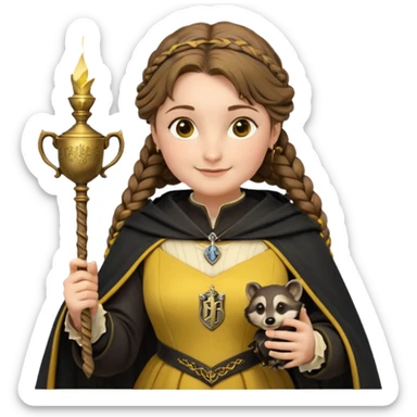 Helga Hufflepuff,the Hogwarts founder of Hufflepuff,brown-haired,2braids,yellow-black medieval dress with black cloak decorated with gold braiding,flickering magic wand and tiny two-handled shiny gold cup engraved with the badger silhouette,very kind smile,curvy busty sweet sticker