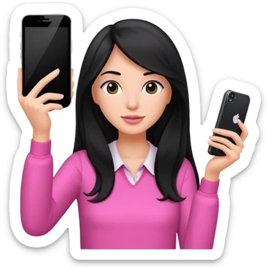 black long haired woman with pink blouse holding her phone having selfie sticker