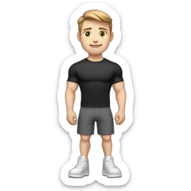 Pale skinned Fit Man With the biceps and light brown hair in black shirt, gray sports shorts and white Sneakers Writing text on the flipchart sticker