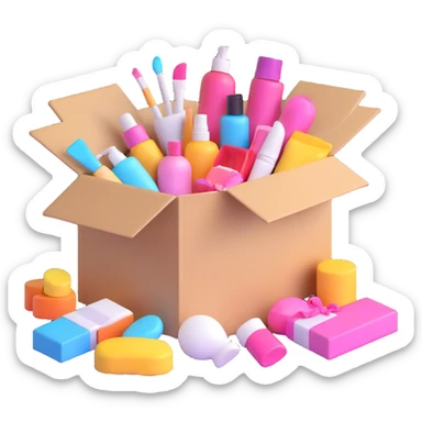 an opened box with assorted beauty items sticker