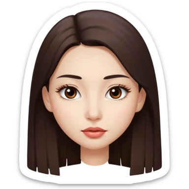 Una chica con piel muy clarita con pleo liso largo de color castaño y unos ojos marrones oscuro y labios grandes y nariz bonita y con unas pestañas que parezca asiatica que tenga las cejas un poquito mas juntas sticker