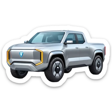 A futuristic electric pickup truck emoji, silver chrome body, angular cyber design, smooth metallic panels, subtle reflections, minimalistic proportions, iOS emoji style, centered composition, clean white background, soft lighting sticker
