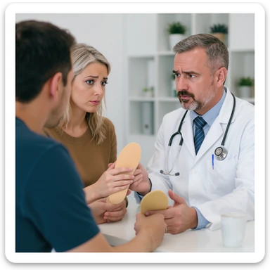 professional illustration of a scene in a medical office where a doctor suggests insoles to a client with poor posture, both look uncertain about the choice, 2:3 aspect ratio sticker