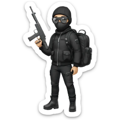 YN wearing a ski mask, holding a gun, all black fit, black jeans, Sprayground bookbag, confident stance, with glasses sticker