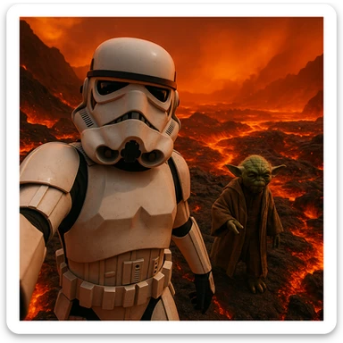 Camera POV, Starwars stormtroopers vlogging selfie, he is walking on lava planet with yoda sticker