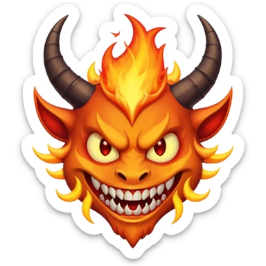 Create a dark-themed emoji of a demonic face with sharp, curved horns, glowing white eyes, an evil grin with large pointed fangs, and abstract flame-like patterns around the face. The background should be pure black. sticker