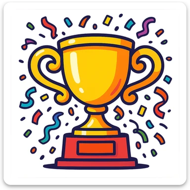cartoon style trophy with confetti, festive, colorful, exaggerated features sticker