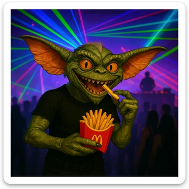 Change the gremlin's see-through top to black, keep the rave and McDonald's fries theme. sticker