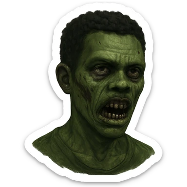 green zombie with short black curly hair, dark skin features sticker