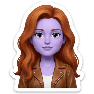 woman with long auburn hair and pale lavender skin, wearing brown leather jacket sticker