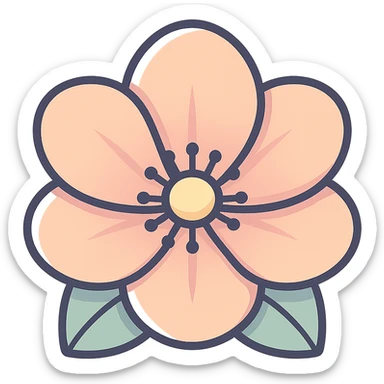 peach flower with open petals, strictly front view, icon-color-outlined style, volumetric, detailed shadows and highlights, smooth color transitions, thin clean contours, soft rounded shapes, pastel palette #98B5BC, #B5B3C1, #C9A3C9, #E4C0CA, #F7DCD1, #F7C0AA, modern Japanese pop art and sticker aesthetics, soft lighting, transparent background sticker