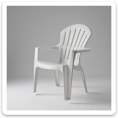 classic molded plastic lawn chair with arched top rail, five vertical back slats, rounded armrests, four tubular legs, suspended naturally in mid-air above a smooth studio floor, realistic lighting, no background clutter, modern product photo style sticker