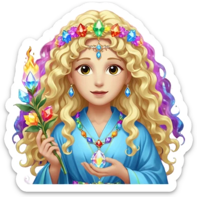 a being made of light pleidian nordic long faces and curly huge thick blond hair but beautiful features of light wearing jewels and a rainbow halo like a saint arount her a robe on made of light and gem  transparent belly dancer and who is lanky holding a bouquet of crystal flowers on rainbow fire sticker