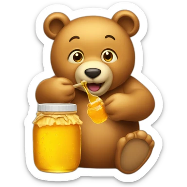 A honey bear eating out of a jar of honey sticker