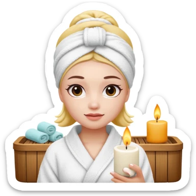 girl with a towel headband at the spa, holding a scented candle, iPhone memoji style, white skin sticker
