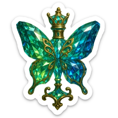 luxurious crystal butterfly-shaped bottle with short neck and crown, green (#c0ff53) and blue colors, many glowing facets, ornaments, magical effects, golden details, transparent background, beautiful connected base, floating in air, no ground or shadow, very similar to original sticker