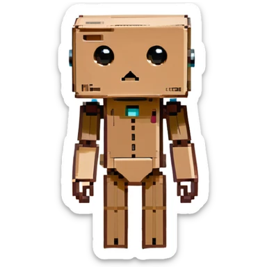small cardboard robot named Danbo standing alone in a softly lit room, square head with two round black eyes and a small rectangular mouth, folded cardboard body, jointed arms and legs, warm wooden floor, soft shadows, cartoonish, clean lines, pastel colors, cozy and nostalgic atmosphere sticker
