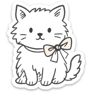 cute fluffy white kitten with a light pink bow, hand drawn icon style sticker